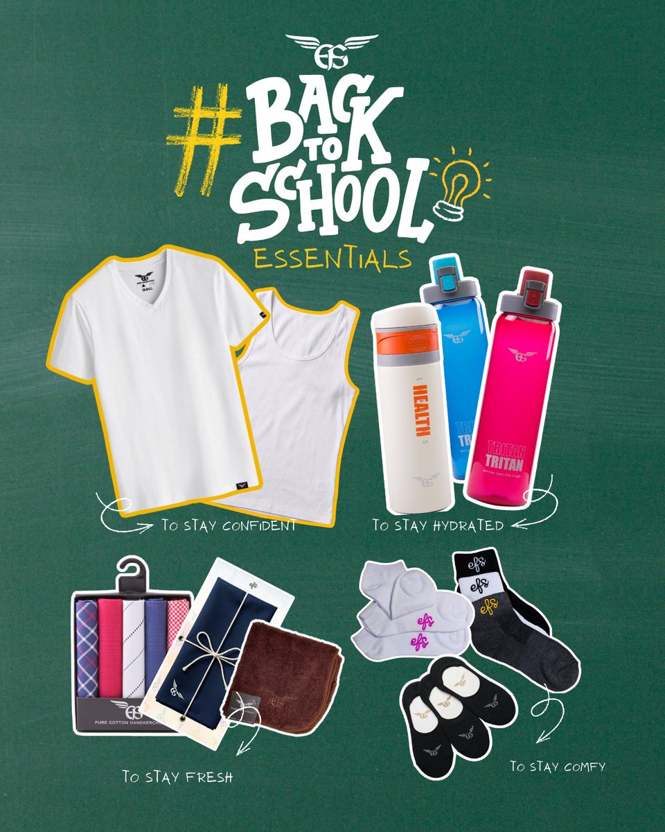 EFS_Apparel's tweet photo. 📚✨ Start the school year prepared with your everyday must-haves from EFS Apparel. 💯

👕 Inner Shirts &amp; Sando — To Stay Confident
🥤 Tumblers — To Stay Hydrated
🧻 Handkerchiefs — To Stay Fresh
🧦 Socks &amp; Foot Covers — To Stay Comfy

#BackToSchool #EFSApparel https://t.co/prqyueAMjc