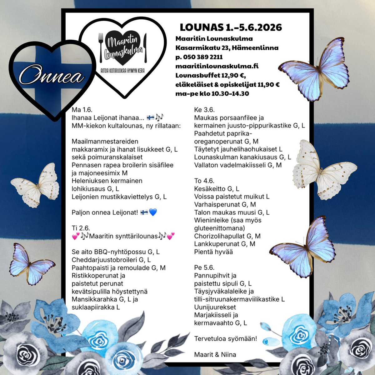 M_Lounaskulma's tweet photo. Onnea @leijonat 💙 Tervetuloa lounaalle Maaritin Lounaskulmaan 1.–5.6.2026, Kasarmikatu 23, Hämeenlinna. https://t.co/pTJFRDoNsL 😎☀️💜#Hämeenlinna #lounas #ravintola #lounasravintola #Hämpton #visithämeenlinna #menot #Leijonat https://t.co/3cm6tUqg7n