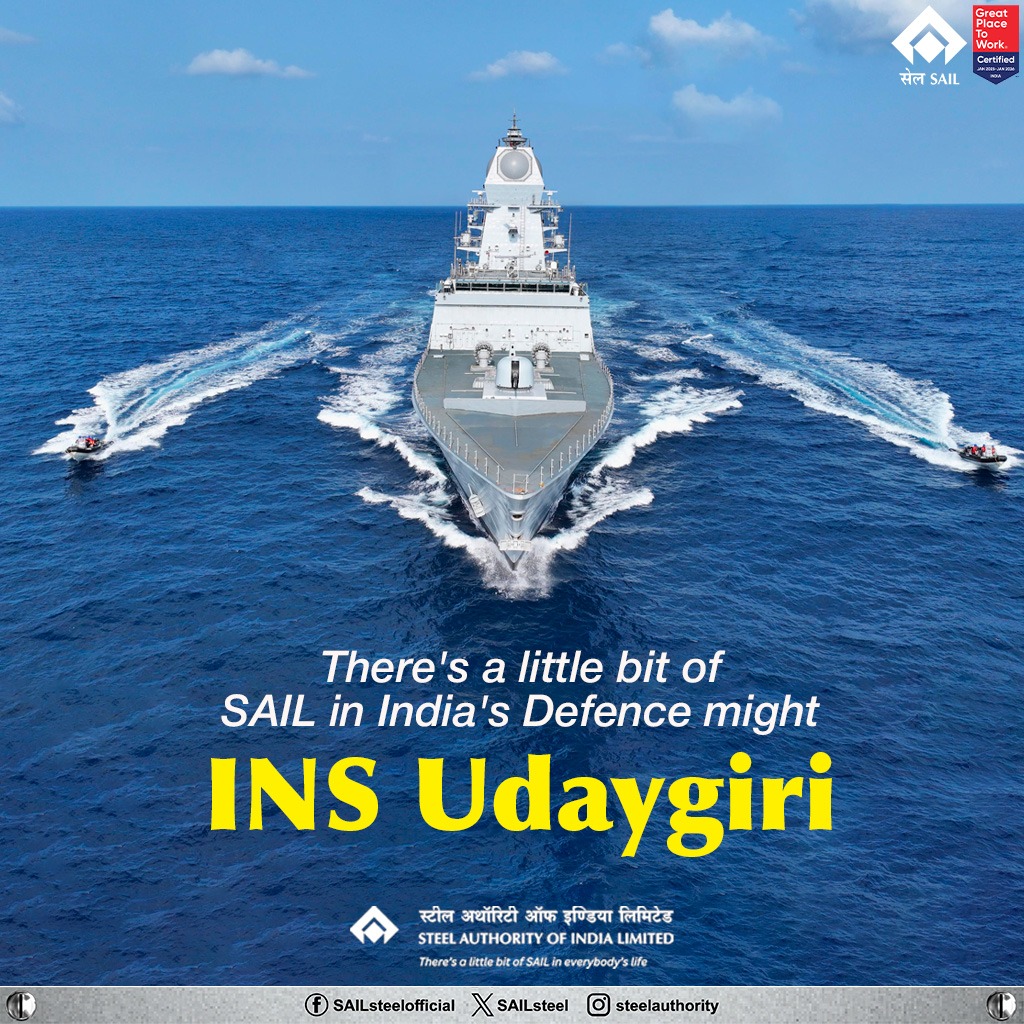 SAILsteel's tweet photo. SAIL strengthens India’s maritime defence with indigenously developed special-grade steel for Indian Navy frigates like INS Udaygiri. 

#SAIL #AtmanirbharBharat #MakeInIndia https://t.co/r8If9VVzO8
