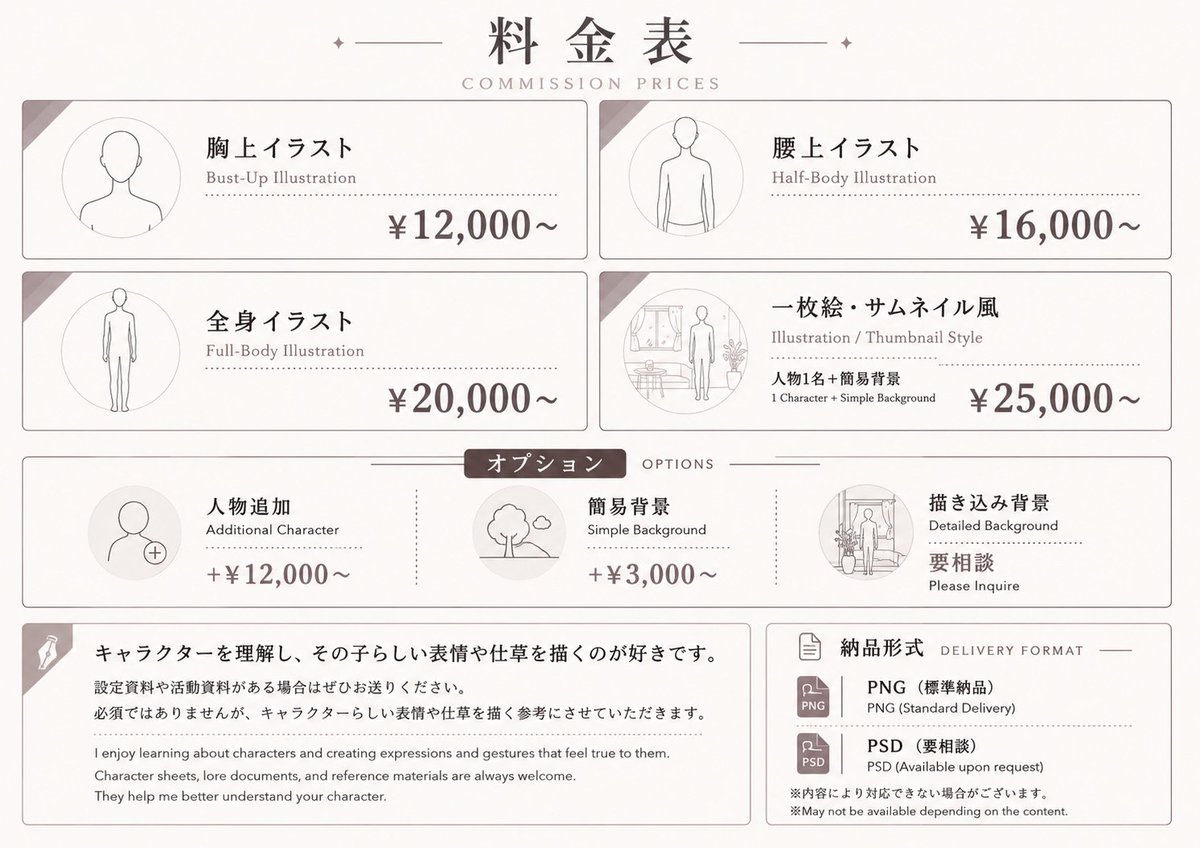 kr22zonneko's tweet photo. 【ご依頼受付中】
VGen・Skebにてイラストのご依頼を受け付けています！
料金表・ご依頼の流れ・キャラクターシートをまとめました！

VGen
https://t.co/9koGywr0HR
Skeb
https://t.co/BG5G0TxFgy

※VGenでの参考価格です
※Skebは料金体系が異なります

キャラクターシートはツリーに掲載しています https://t.co/RWV87nNCLE