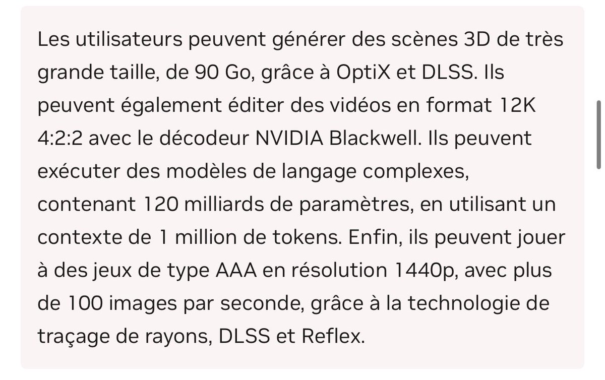 Capetlevrai's tweet photo. Les annonces de NVIDIA sont totalement dingues : 

- Roadmap des 2 prochaines générations de GPU jusqu’en 2031

- DGX Station Q4 2026 pour faire de l’IA en local avec des modèles allant jusqu’à 1000 milliards de paramètres 

- Des nouveaux PC portables avec une stack NVIDIA complète sous Windows pour du travail, du gaming et de l’IA en local avec 128 Go de mémoire unifiée 

Il y en a pour tous les goûts : Gaming, IA, rendu 3D

On verra en condition réelle si ça flop ou pas, certains préféreront rester sur Mac pour les PC Portables mais beaucoup vont se poser la question de quitter Apple pour avoir un PC qui permet aussi de faire du gaming avec un PC ayant une excellente batterie sous Windows je pense car cette puissance graphique peut débloquer beaucoup d’usages