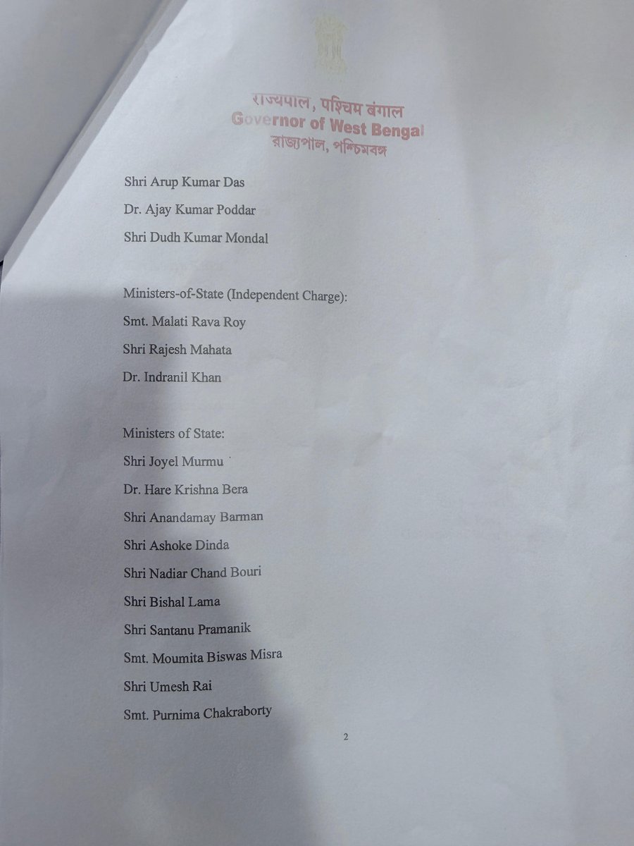 ANI's tweet photo. Kolkata, West Bengal: BJP MLAs took oath as Cabinet Minister/ MoS /MoS (Independent Charge)  

13 MLAs took oath as Cabinet ministers, 3 as MoS (Independent Charge) and 19 as MoS   

Cabinet ministers WB Govt
1) Deepak Barman
2) Tapas Roy
3) Dr Shankar Ghosh
4) Manoj Kumar Oraon
5) Arjun Singh
6) Gouri Shankar Ghosh
7) Swapan Dasgupta 
8) Jagnnatha Chattopadhyay
9) Kalyan Chakraborty
10) Ajay Poddar
11) Saradwat Mukherjee
12) Dudh Kumar Mondal
13) Anup Kumar Das 

Minister of State (Independent Charge) WB Govt
1) Dr. Indranil Khan
2) Malati Rava Roy
3) Rajesh Mahato

Minister of State, WB Govt 
1) Joel Murmu
2) Hare Krishna Bera
3) Anandamay Barman
4) Ashok Dinda
5) Nadiar Chand Bauri
6) Vishal Lama
7) Shantanu Pramanik
8) Moumita Biswas Mishra
9) Umesh Ray
10) Purnima Chakravarty
11) Kaushik Chowdhury
12) Bhaskar Bhattacharya
13) Dibakar Gharami
14) Amiya Kisku
15) Kalita Majhi
16) Gargi Das Ghosh
17) Biraj Biswas
18)Dipankar Jana
19) Sumana Sarkar