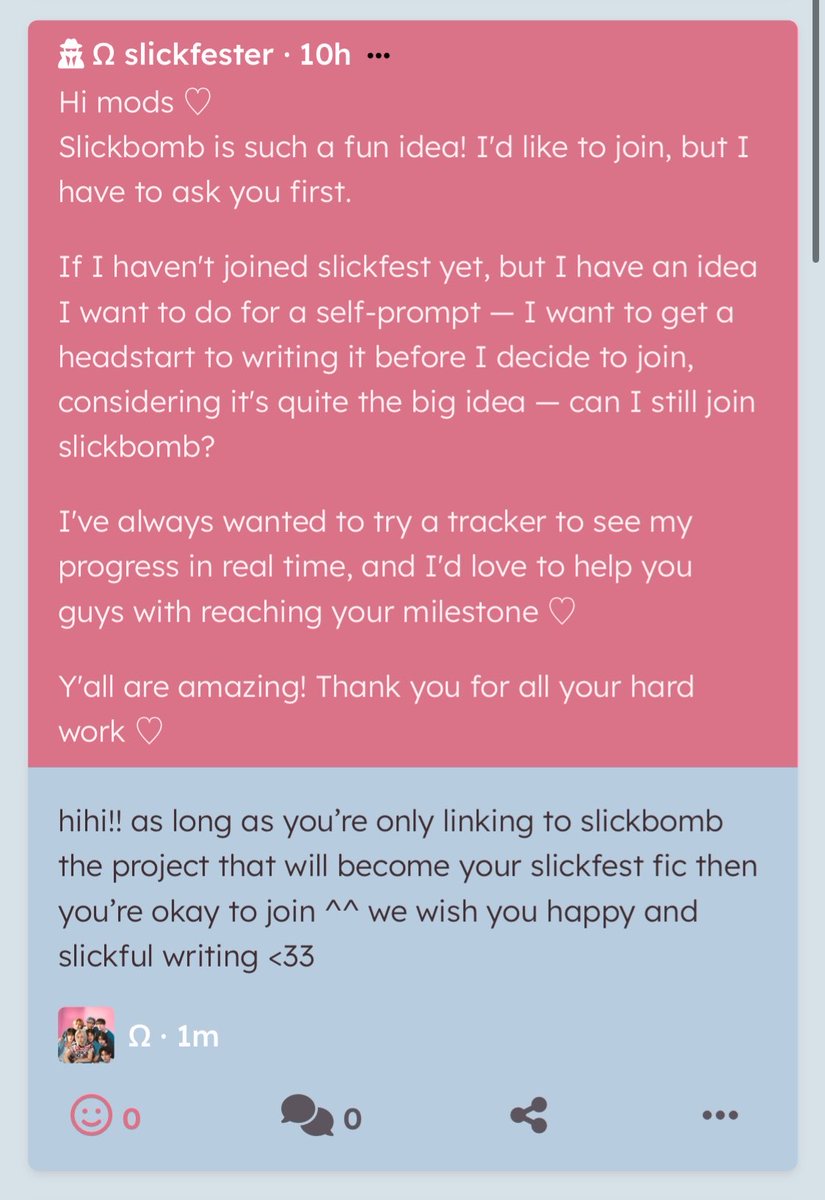 slickfests's tweet photo. Hi mods ♡
Slickbomb is such a fun idea! I'd like to join, but I have to ask you first.
If I haven't joined slickfest yet, b… — hihi!! as long as you’re only linking to slickbomb the project that will become your slickfest fic then you’re okay to join … https://t.co/KTiSVLd7tv https://t.co/EUboB7qmlM