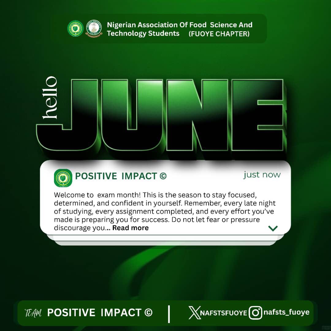 NAFSTSFUOYE's tweet photo. HELLO JUNE 🌿✨

Team Positive Impact warmly welcomes you to a new month filled with growth, opportunities, and success.

Wishing every NAFSTSITE a productive and rewarding June ahead 💚🚀 https://t.co/RNI9yequmP