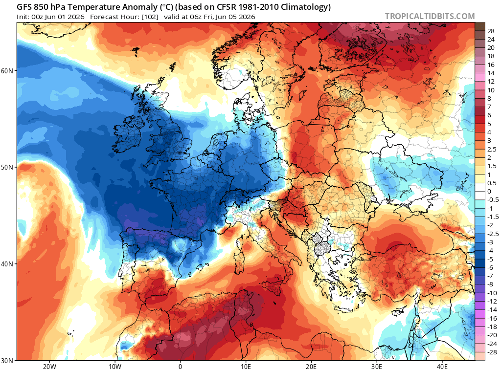 alexmegapc's tweet photo. Tocarà gaudir un parell de dies. Anomalies a 850 hPa, uns 1500m, graus per sobre o per sota mitjana climàtica. #meteo https://t.co/1jiEViQzZL