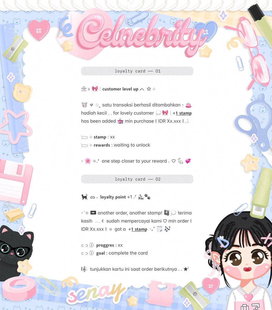 celnebrity's tweet photo. 🛼⭐️ help repost ₊ ׁ !?  thankies 💝 ໒꒱ 

🎀  sena  bawa  4 WORDING LOYALTY CARD ——  𓏮  siap  dijemput  ᰔ  

💌  :  IDR 5.500

ᥥ ⑅ ᥥ  𓈒 𓈒 ꒰ #bealanja ꒱  𓈒 𓈒 https://t.co/1ylkM3q7A2