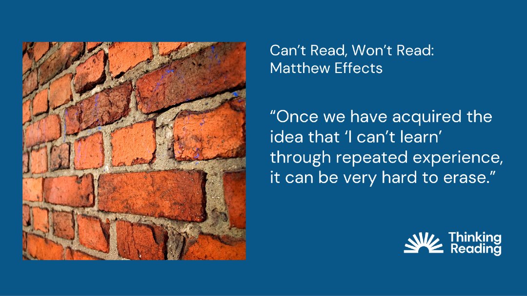ThinkReadHQ's tweet photo. Students’ lack of motivation to read is often founded on the very sensible premise that it’s not possible for them. This is, of course, incorrect – but their experience tells them otherwise. 

Read more in our blog ‘Can’t Read, Won’t Read: Matthew Effects’ https://t.co/9aL05VdiwF (4 min read).