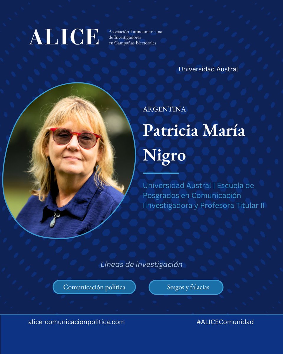 ALICE_compol's tweet photo. Destacamos a Patricia María Nigro, experta en comunicación política y sesgos. Su investigación en gobiernos polarizantes es clave en Iberoamérica. ¿Conoces a alguien en #COMPOL? ¡Etiquétalos! #ComunicaciónPolítica https://t.co/7gBXYBpRkC