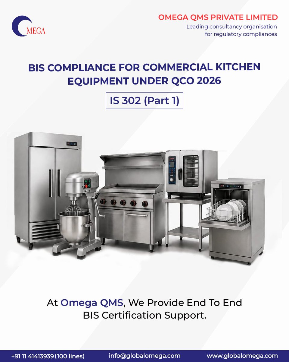 QmsOmega's tweet photo. Commercial kitchen equipment is now under the BIS compliance spotlight.

Under the Electrical Appliances (Quality Control) Order, 2026, products such as commercial ovens, fryers, grillers, steam cookers, kitchen machines, and food warming appliances will require mandatory BIS certification before they can be sold or imported into India.

For hotels, restaurants, cloud kitchens, caterers, manufacturers, and importers, compliance with IS 302 (Part 1) is no longer optional. The implementation begins from 1st October 2026.

Omega QMS helps businesses navigate the BIS certification process with end to end compliance support for commercial kitchen equipment.

Get in touch with us:
Email: info@globalomega.com
Phone: +91-11 41413939 (100 Lines)
Website: https://t.co/QFdFVhF6mY

#BISCertification #QCO2026 #CommercialKitchenEquipment #HospitalityIndustry #FoodService #ElectricalSafety #RegulatoryCompliance #IndiaCompliance #ImportCompliance #BIS