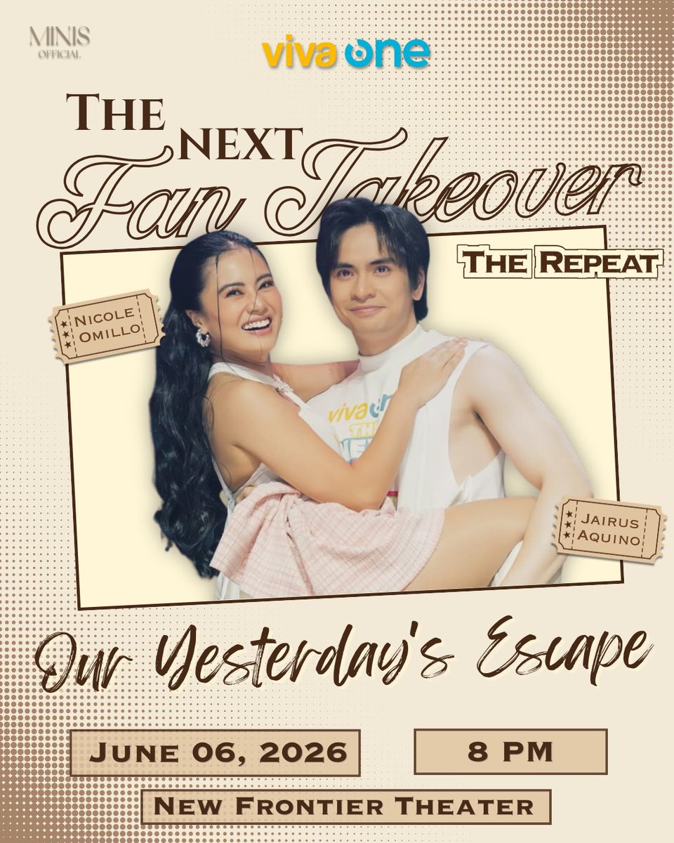 MINIs_Official's tweet photo. The Repeat is almost here.

June 6 is getting closer, and we're excited to see Jairus Aquino, Nicole Omillo, and the Viva One stars once again on stage. See you there!

#TheNextFanTakeoverTheRepeat #NicoleOmillo #OurYesterdaysEscape #JairusAquino #JaiNicole https://t.co/d2v7Q4zKKX