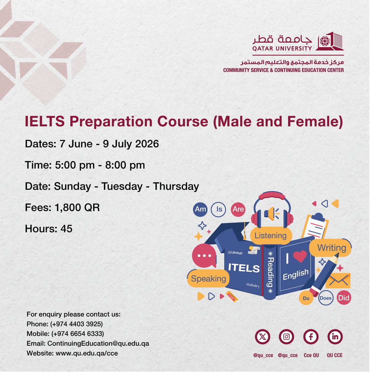 qu_cce's tweet photo. للتسجيل، يرجى زياره الرابط المباشر
For registration, Please check the link below
https://t.co/SRHdmouJFI
للمزيد من الاستفسارات، يرجى التواصل معنا
For more inquiries, contact us:
phone: 4433925
Mobile: 66546333
Email: ContinuingEducation@qu.edu.qa https://t.co/Iwpfad4yWc