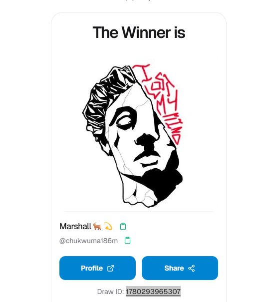 JulsyCS's tweet photo. The winner is: @chukwuma186m 

DRAW ID: 1780293965307

Check your DM ✍️ https://t.co/KcRkcj7yyW