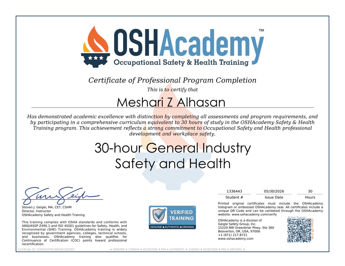 VGMS_S's tweet photo. الحمدلله حتى يبلغ الحمد منتهاه 
حصلت على شهادة #OSHA من @OSHAcademy 
كونها شهادة معتمدة محليا و دوليا وداعمة ومطورة لعملي حاليًا, لتطوير التدريب الخاص بالعاملين و تعزيز سلامة المصانع التي تتم زيارته لتعزيز إجراءات السلامة بها https://t.co/d0NSSFfRvl