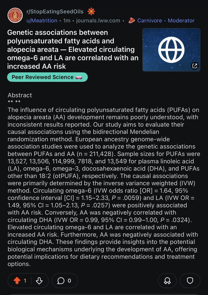 MEATritionCom's tweet photo. “Elevated circulating omega-6 and LA are correlated with an increased Alopecia areata risk” #seedoils https://t.co/w3NGq8YHqV