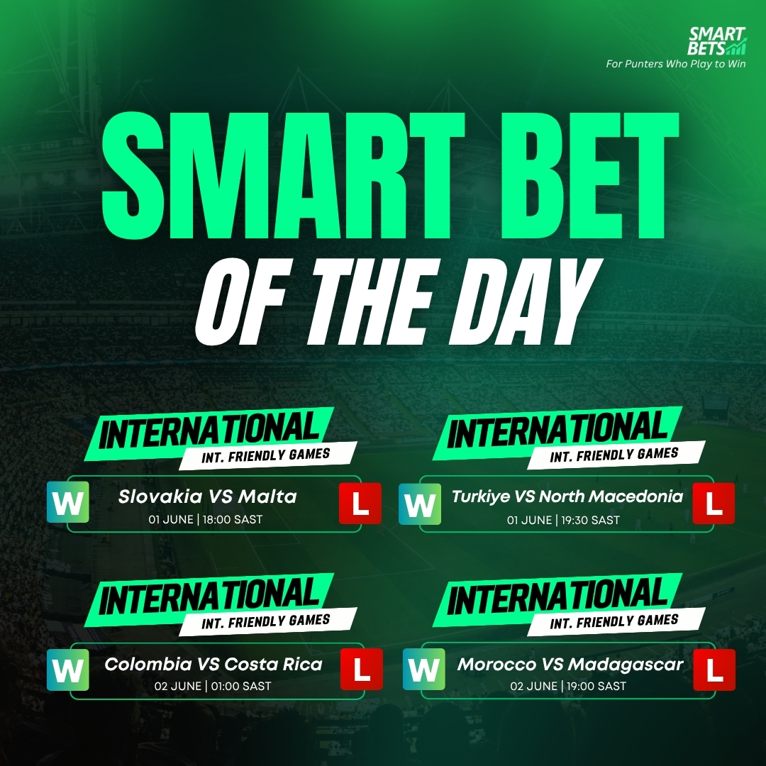 SmartBetsZA's tweet photo. 💪⚽🔥 #SmartBetOfTheDay: International Confidence 💼💸

We’ve done the homework, these four are ticking the right boxes heading into their friendlies. 👀

Slovakia, Turkiye, Colombia and Morocco are all coming in with stronger recent results, good matchups and the kind of consistency you want on your slip.

👁️ Strong sides. Smart picks.

💸 Lock them into your slip and back the wins! 💰

#ForPuntersWhoPlayToWin #SmartPicks