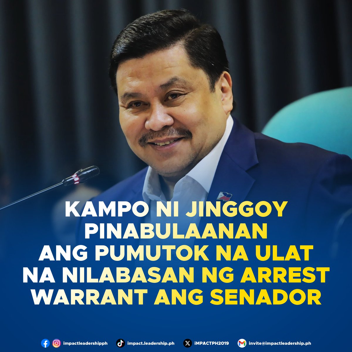 iMPACTPH2019's tweet photo. KAMPO NI JINGGOY PINABULAANAN ANG PUMUTOK NA ULAT NA NILABASAN NG ARREST WARRANT ANG SENADOR

"We have no such information regarding any warrant being issued," Estrada's lawyer Noel Ostrea said.

https://t.co/E2NYjodx3d https://t.co/KuotQOL6OR