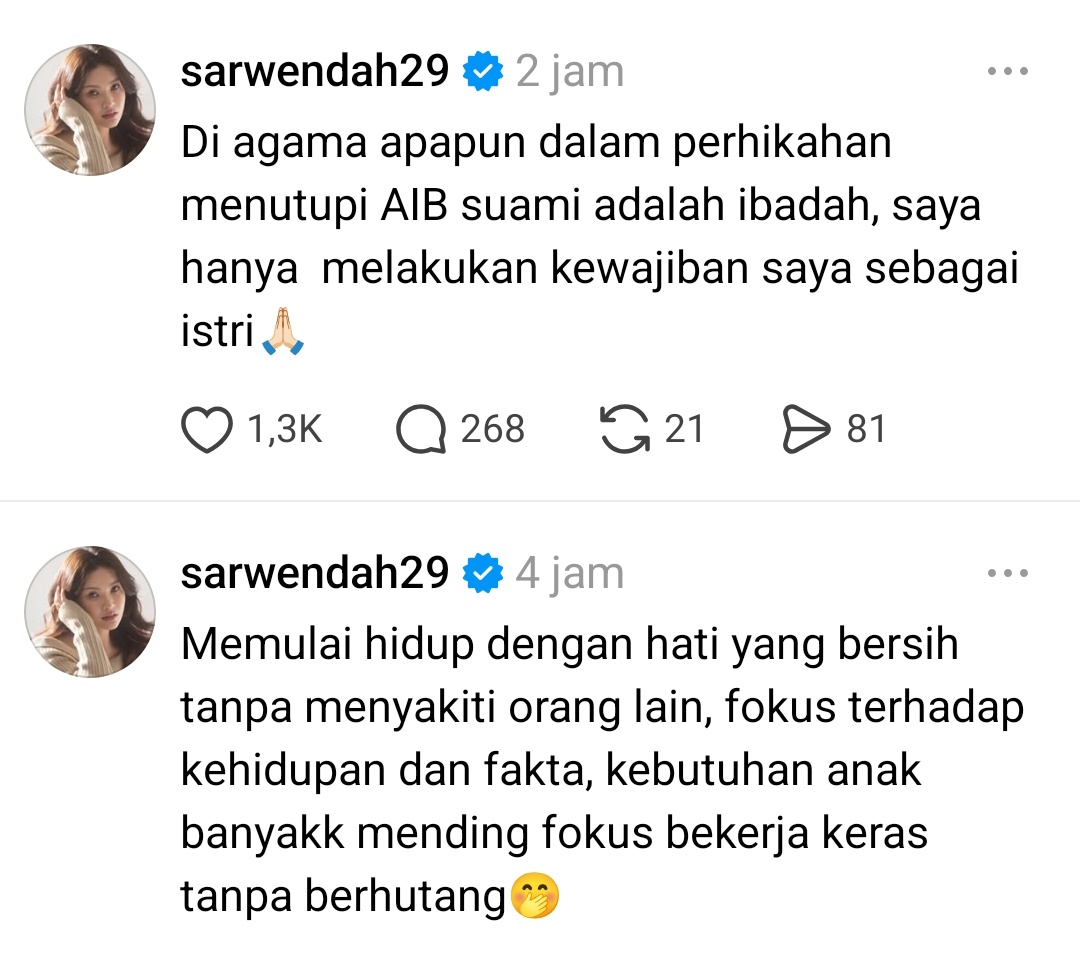 kamarlintang's tweet photo. PART 4 Sarwendah nyindir Ruben Onsu soal hutang & aib,

Sarwendah kini terang2an nyindir mantan suaminya itu dengan nulis, "Memulai hidup dengan hati yang bersih tanpa menyakiti orang lain fokus terhadap kehidupan dan fakta, kebutuhan anak banyak mending fokus bekerja keras tanpa berhutang🤭."

Sarwendah juga nulis, "Di agama apapun dalam pernikahan menutupi AIB suami adalah ibadah, saya hanya melakukan kewajiban saya sebagai istri🙏🏻."

Sebelumnya, pengacara Sarwendah spill kalau Ruben punya banyak hutang, termasuk cicilan rumah. Mereka juga membeberkan kalau debt collector utang Ruben masih sering ganggu Sarwendah, padahal udah cerai.