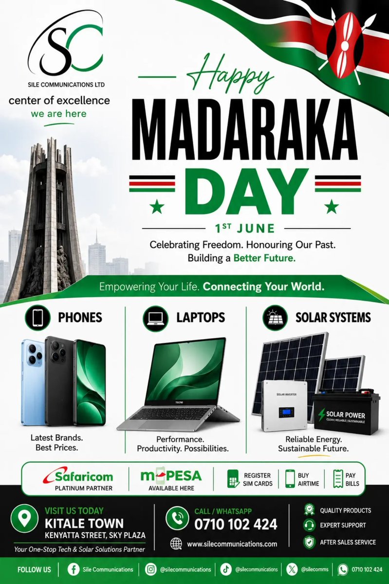 SileCommsLtd's tweet photo. 🇰🇪 Happy Madaraka Day!🇰🇪

Freedom is when your phone 📱 is at 100%, your laptop 💻 isn't freezing, and power outages don't bother you because you're running on solar ☀️. 😄☀️

Phones | Laptops | Solar Solutions

#MadarakaDay #TechFreedom #SileCommunication https://t.co/mOJvn7cPUE