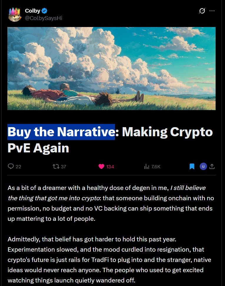 JohnWankley's tweet photo. Colby just posted a new CT article about narrative trading 

he is arguing that people should buy the narrative instead of the coin 

to stop turning every sector into a PvP battle between hundreds of competing coins
https://t.co/6xGnP4T8fl https://t.co/7HtkoQXoqc