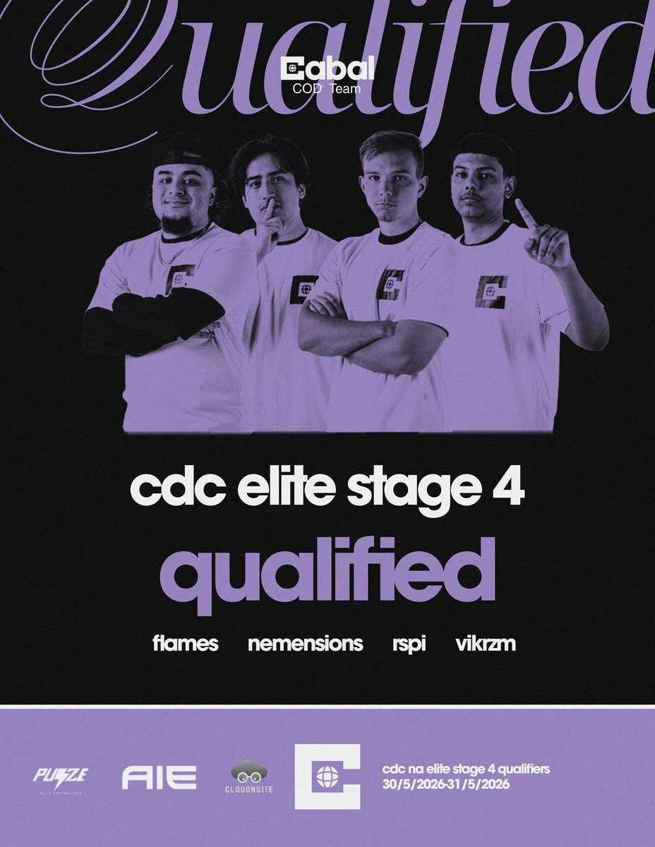 CabalEsportTeam's tweet photo. WE QUALIFY FOR THE FINAL ELITE OF THE YEAR AND LOCK OUR SPOT IN TO THE DANCE🌐.

@CabalCOD 

🌐@Flames4K
🌐@Nemensions
🌐@Rspiii
🌐@vikrzm_
💼@Im_Afflicted

Matches start this week as we look to build on our T8 performance at Atlanta.
#TheProgram https://t.co/kKqLOUoCxS
