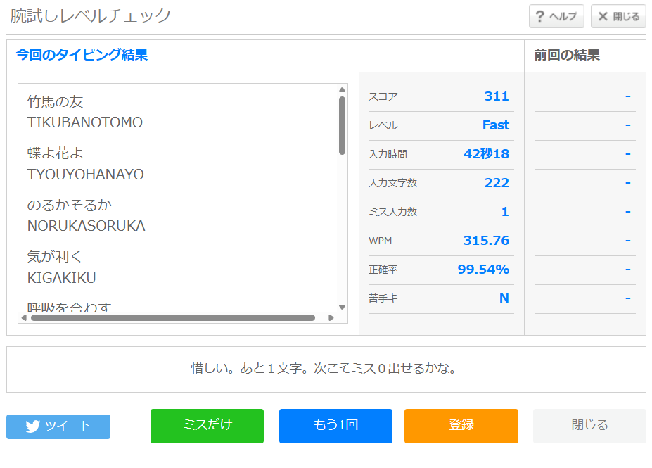 16238typing's tweet photo. 腕試しは頑張ってもfast

今日の腕試しタイピング(ローマ字)の結果は「Fast」スコア「311」でした。 https://t.co/tS5fT2Xx00 #etyping #et_r https://t.co/SZo7BUkMhy