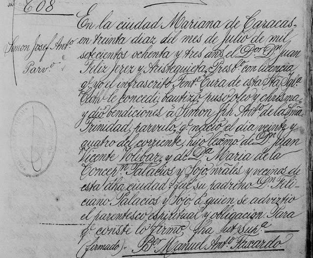 YosseCcs's tweet photo. Acta bautismal de Simón Bolívar. Fue bautizado en la Catedral de Caracas el 30 de julio de 1783.   Se encuentra en los Registros Parroquiales y Diocesanos de Caracas que fueron microfilmados. https://t.co/0GeoJjEcGd