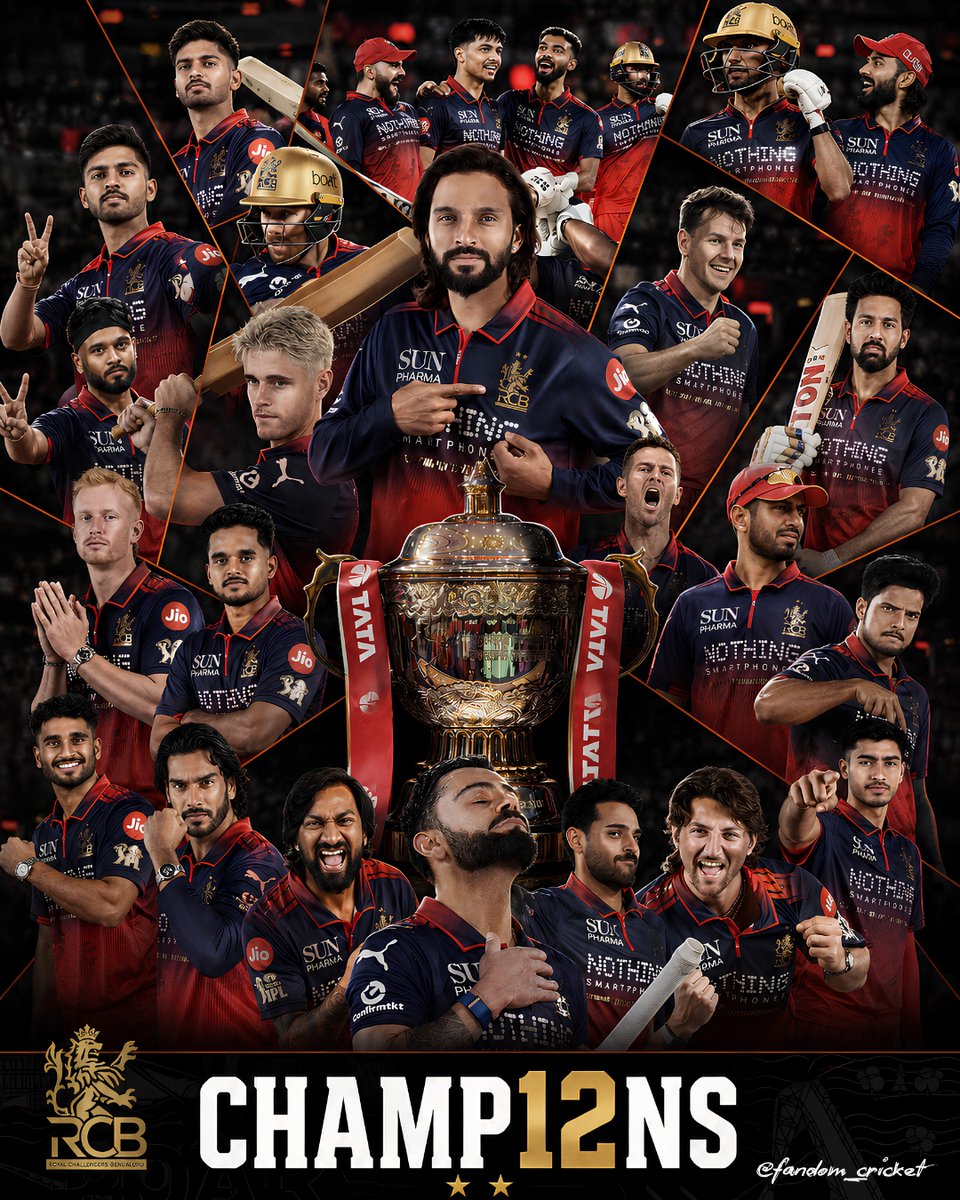 fandom_cricket's tweet photo. EE SALA NU CUP NAMDU! ❤️‍🔥🏆

THE ROAR IS REAL. THE DREAM IS HOME. 🔥🔴

Through every heartbreak, every meme, every "maybe next year"
You stood tall. You believed. You never stopped chanting. ❤️

#IPL2026 #RCBChampions #EeSalaNuCupNamdu https://t.co/l7JwVzWdLr