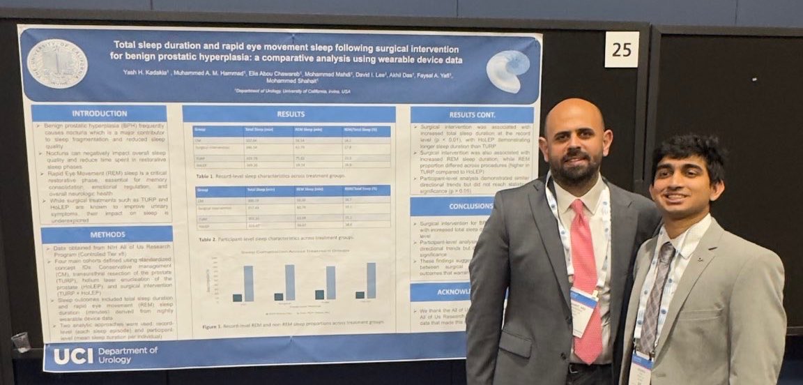 Mo_Moukhtar's tweet photo. @eliachawareb @UCI_Urology @MmahdiUro Excited for Yash presenting #AUA2026 before beginning medical school:

1) how surgical intervention for BPH may influence total sleep duration and REM using wearable device data! 
2) potential noninvasive biomarker of endothelial function in men’s health!

Good luck @UToledoMed! https://t.co/7Bh2XeGllt