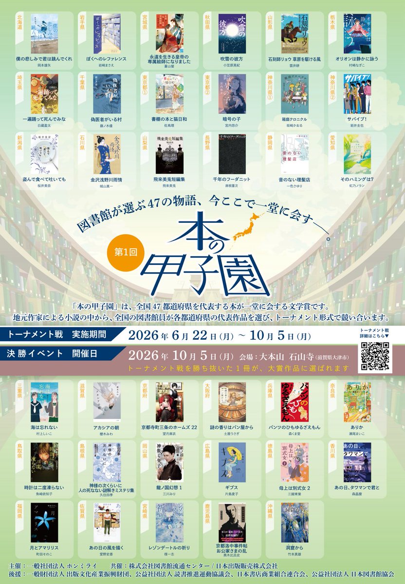 honno_koshien's tweet photo. #第1回本の甲子園
代表作品35作品の発表📣 

選考委員の皆様の投票により、都道府県の代表作品が決定しました✨

トーナメント戦は6/22（月）より開始❗️
続報をお楽しみに♪

▼トーナメント戦詳細はHPをご覧ください
https://t.co/ycwh1isk3E https://t.co/5POsXYaWpT