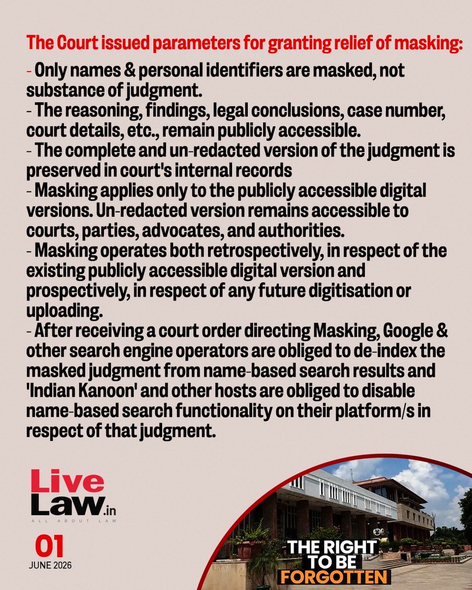 LiveLawIndia's tweet photo. #DelhiHC laid down a framework governing de-indexing and masking of personal information from judicial records available #online
#deindexing #masking #judicialrecords
#RighttobeForgotten
Read more: https://t.co/TZ37PqyDZ4 https://t.co/fOxDcj4dOK