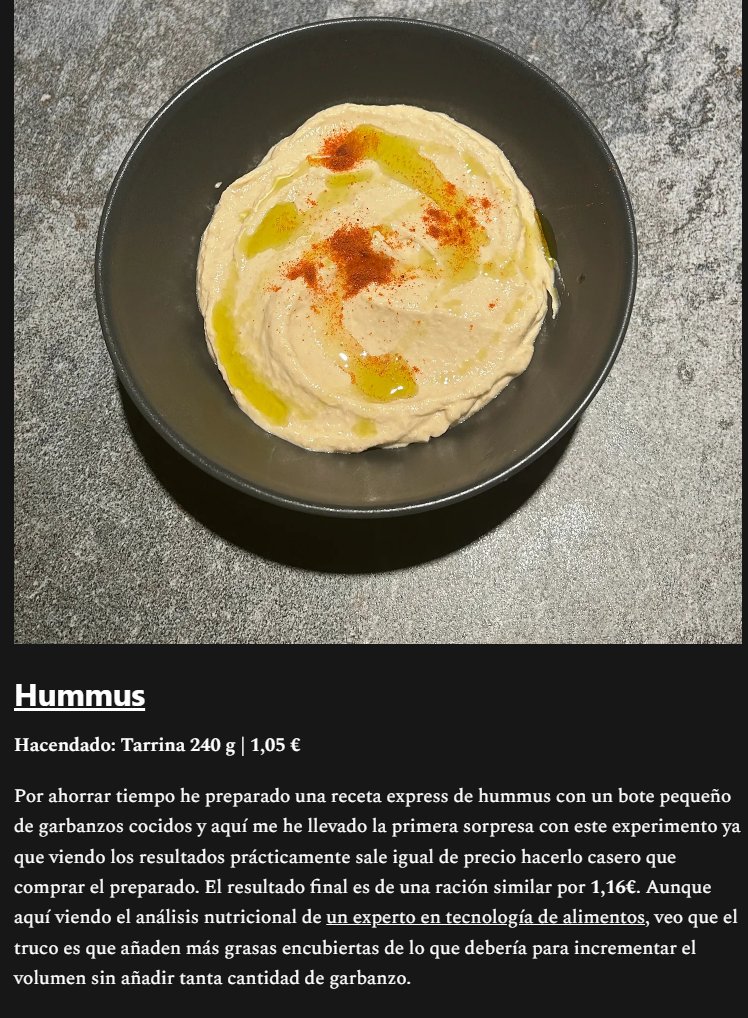 antonello's tweet photo. Sabía que esto pasaba: Un poke de salmón cuesta 5,50€ en el 'Listo para comer' de Mercadona. Hacerlo en casa: 1,50€. Casi 400% de diferencia. 

Me ha encantado el experimento de Peluso Cocina: como considera que lo de Juan Roig de que "a mitad del siglo XXI no habrá cocinas" es una estrategia de marketing para colocar más platos preparados, ha reproducido en casa 7 platos de esa sección y ha comparado los costes.

>  El caso más equilibrado: el famoso Hummus de Mercadona. El preparado cuesta 1,05€ y el casero (con garbanzos de bote) sale a 1,16€. La diferencia es mínima, aunque el industrial usa más grasas para inflar volumen.

(ya sé que no es de listo para comer pero sí que refleja un hit de precocinado Mercadona)

> El caso de más diferencia en Mercadona: Poke de salmón. Lo vende a 5,50€ y el autor lo prepara (con tofu marinado) por 1,50€. Un incremento de casi el 400%.

Claro que esta comparación es un poco tramposilla: si pillas salmón para poke ya preparado es mucho más caro que el tofu, si compras salmón fresco y lo preparas tú sí que está en línea.

(por cierto, en los sitios de poke a domicilio está a uno 11-13 euros sin ofertas, deben manejar buen margen ahí).

> Otro ejemplo, Tortilla de patatas: 8,50€ en Mercadona frente a ~4,47€ casera. Casi un 50% de ahorro.

La conclusión es clara: si tienes tiempo para cocinar hay ahorro en hacerlo tú frente a comprar Mercadona, es comida con más control de los aditivos y seguramente te saldrá más rica.

Pero falta la variable que lo decide todo: cuánto tiempo inviertes y qué valor económico le pones a ese tiempo. Si te gusta cocinar, igual lo cuentas como 0. Para el resto, la pregunta real es cuánto vale tu hora: ¿a cuánto te sale la tortilla si te pagas el tiempo a precio de mercado?

https://t.co/SiY9LdKLbq