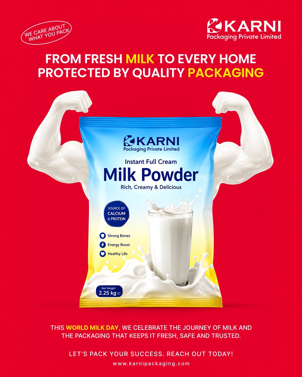 karni_packaging's tweet photo. This #WorldMilkDay, we celebrate the journey of milk — and the packaging that keeps it fresh, safe &amp; trusted.
Quality packaging = quality nutrition, delivered right.
🌐 https://t.co/8s0VaLLh9p
#KarniPackaging #MilkPowder #Packaging https://t.co/RyN0Gw0AbO