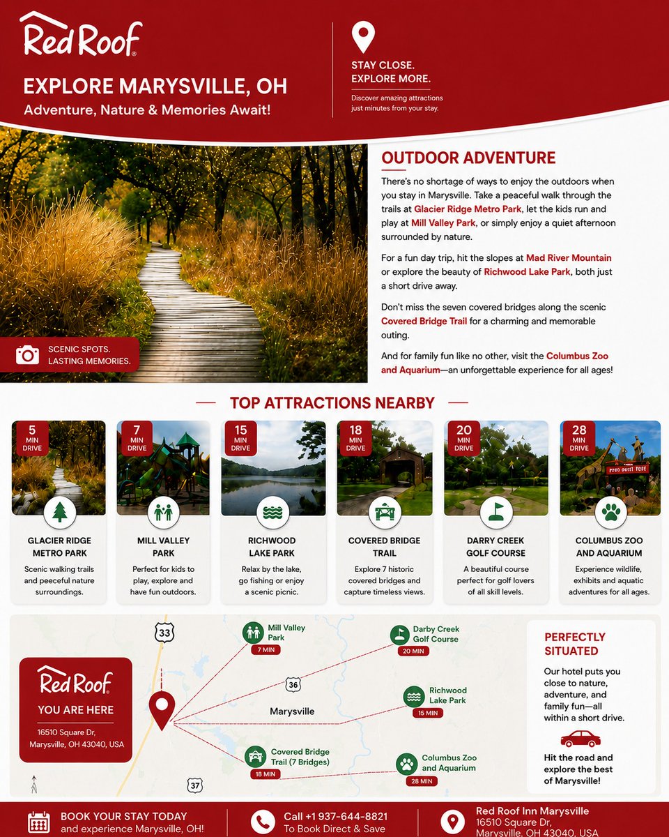 RoofRedoh's tweet photo. Adventure, nature, and memories await! Explore Marysville’s parks, trails, and the Columbus Zoo &amp; Aquarium just minutes from your stay. 🌳🦁
🏨 Red Roof Inn &amp; Suites Marysville 
📍 16510 Square Drive 
Marysville OH 43040
📞 937-644-8821
🌐 Book @ https://t.co/rE0i3U1705 https://t.co/XwcMDgE6FM