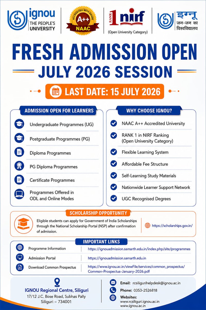 IGNOURCSILIGUR1's tweet photo. Announcement of the commencement of Fresh admission for July, 2026 session https://t.co/saoYjYdaAS