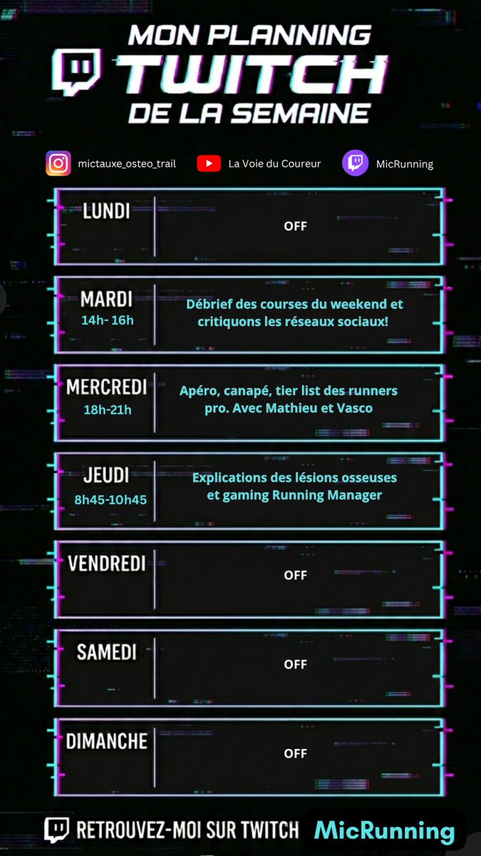 lavoieducoureur's tweet photo. Programme de cette semaine sur ma chaine Twitch
Notamment le gros live avec Mat et Vasco: tier list des coureurs pro
#twitch #programme #live #courseapied https://t.co/nKCGHO60KD