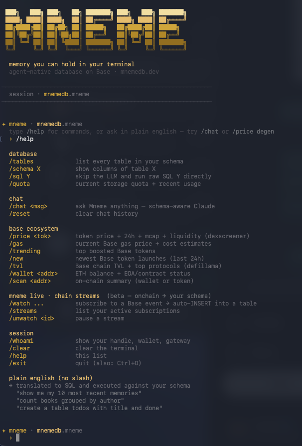 mnemeDB's tweet photo. 🟡 BIG SHIP — Mneme Live · Streams (beta) is on Base.

the agent-native database can now WATCH the chain for you.

▸ what it does

subscribe to any Base event on any contract.
matching events get inserted into a real table in YOUR schema, within ~6 seconds, with a typed shape your agent can query immediately.

▸ what you write

$ mneme
› /watch transfer on 0x3FcDbEBD5e7BaB79477cFDcA2CDCF6e904C27b07 into mneme_transfers

✓ stream #1 active
event    Transfer · Transfer(address,address,uint256)
contract 0x3fcdbebd…7b07
table    mneme_transfers (in your schema)

▸ what happens server-side

— gateway parses the event signature (template alias OR raw "Foo(address indexed x, uint256 y)")
— computes topic0 = keccak256(canonical sig)
— stores ABI fragment as JSONB in the stream registry
— auto-creates the target table with chain-event shape:

id | tx_hash | block_number | log_index | contract | event_name | args jsonb | block_ts

— auto-creates indexes: block_ts DESC, event_name btree, args USING gin
— wakes the chain-streams worker

▸ the worker (in-process inside the gateway)

— every 6s tick
— ONE eth_getLogs across ALL subscribed (address, topic0) pairs — sublinear cost as you add streams, NOT one RPC per subscription
— decodes with viem decodeEventLog using the stored ABI
— INSERT … ON CONFLICT (tx_hash, log_index) DO NOTHING → re-org idempotent
— atomic cursor advance per chunk (configurable STREAMS_BLOCK_CHUNK)

▸ the stack

— gateway: bun + hono + postgres + viem
— worker: in-process polling, configurable (STREAMS_POLL_MS env)
— decoding: viem decodeEventLog on stored ABI fragments → normalized JSONB
— storage: pgsql JSONB args + GIN index for fast key lookups
— scope: any Base contract, any event (templates: transfer, approval, swap — or paste any custom signature)

▸ and now

your agent owns this data. it can vector-search it. it can join it with your memories table. it can ask /chat about it — Claude now knows your active streams and routes questions accordingly.

› SELECT * FROM mneme_transfers
      WHERE args->>'from' = '0x0000…'
      ORDER BY block_ts DESC LIMIT 10

› /chat what wallets bought $MNEME in the last hour

no indexer to run. no webhook host. no alchemy / quicknode signup. no extra service.
one mneme key. one schema. live awareness baked into your database.

▸ three primitives, one schema

— memory  → pgvector tables (your existing memories, documents, kvs, events)
— chat    → schema-aware claude (now stream-aware too)
— live    → your agent now hears Base

▸ SDK + CLI

https://t.co/aF6jWu9RYF({ contract, event, target_table })
m.streams.list()
m.streams.unwatch(id)

/watch <event> on <0xcontract> into <table>
/streams
/unwatch <id>

▸ what's next

actions (write the chain — send / swap / vote / mint) lands next sprint.
today, your agent HEARS the chain.
tomorrow, it SPEAKS.

$ npm i -g mneme-cli@latest
$ mneme
› /watch transfer on <your contract> into <your table>

https://t.co/CfI4NS2zKi — the agent-native database on Base.

$MNEME — 0x3FcDbEBD5e7BaB79477cFDcA2CDCF6e904C27b07