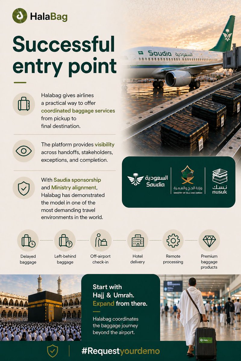 HalaBagz's tweet photo. Halabag has demonstrated a fully coordinated “Hajj Without Luggage” journey aligned with @MoHU_En   and @MyNusuk requirements

Sponsored by @Saudi_Airlines , it connects baggage collection, airport operations, and final delivery in one coordinated system. https://t.co/abEwIiT0SV