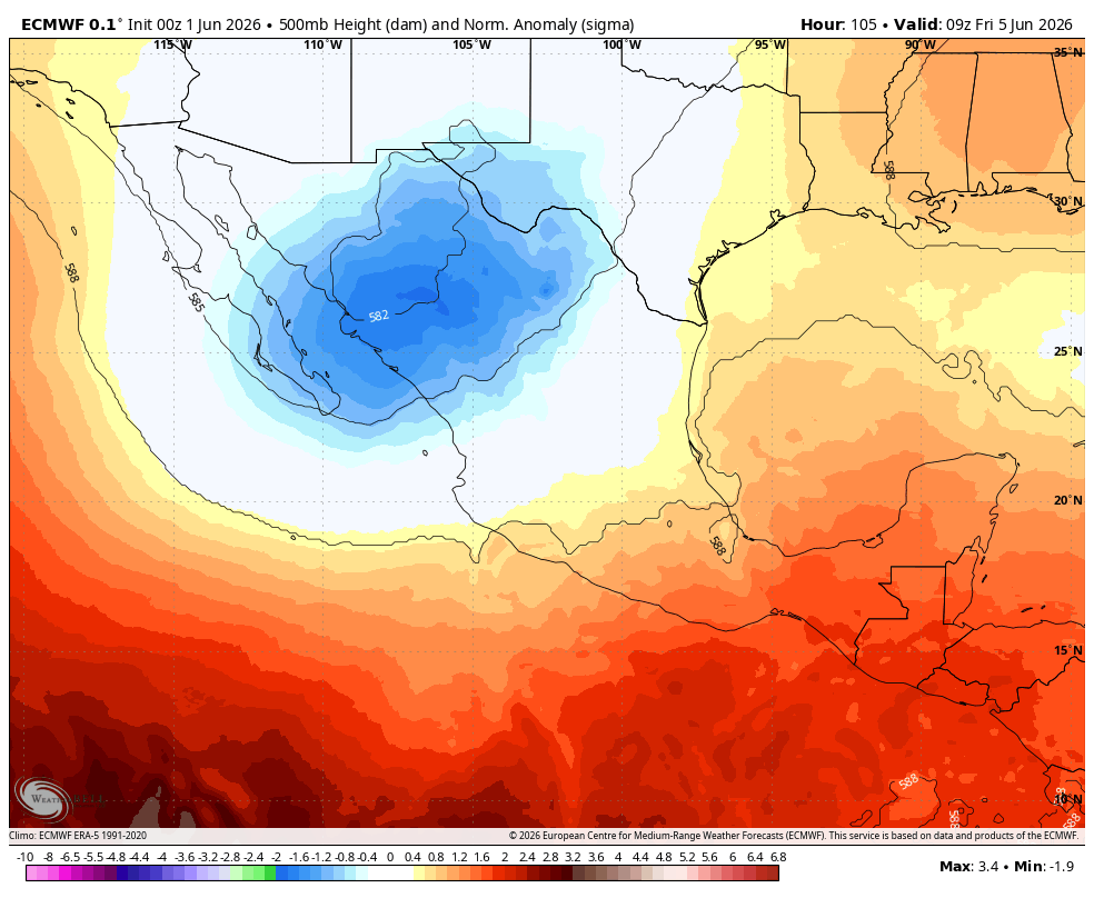 stmsin's tweet photo. El inicio de las lluvias tendrá que esperar unos días más, debido a una vaguada que se posicionaría sobre el norte de México a finales de la semana entrante.

Esta arrastraría aire seco al estado, retrasando el inicio del monzón sobre el estado.

Una vez se retire, la humedad retornaría a la región.