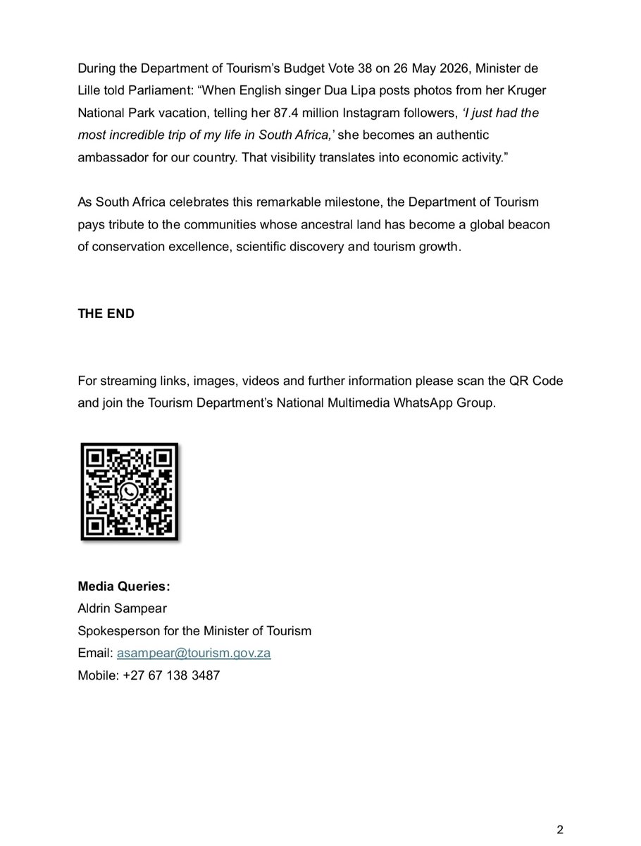 Tourism_gov_za's tweet photo. [MEDIA STATEMENT] THE KRUGER NATIONAL PARK CENTENARY 

#KNP100 | #KrugerCentenary | #WeDoTourism | @SANParks | @PatriciaDeLille https://t.co/rsqa1bk89q