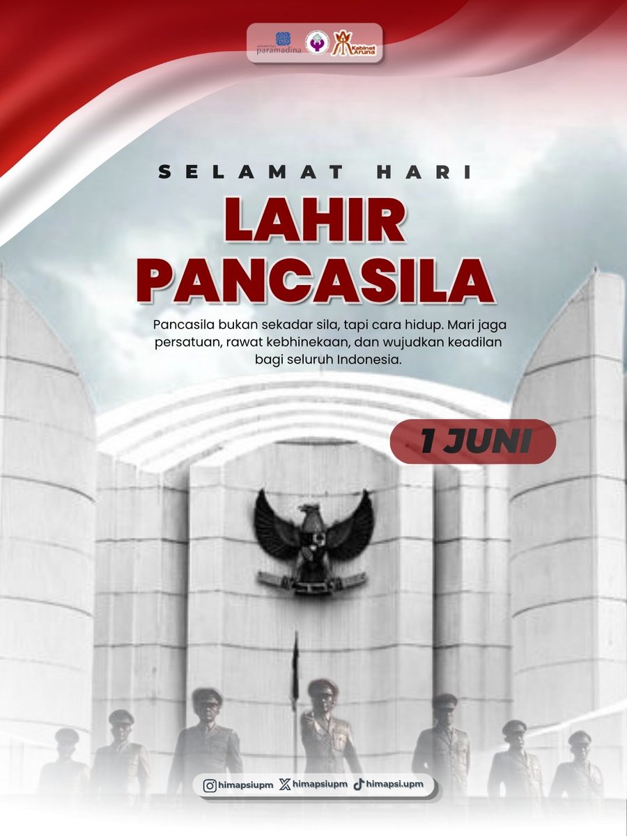 himapsiupm's tweet photo. Selamat Hari Lahir Pancasila✨

​Berbeda rasa, bersatu dalam jiwa. Mari jadikan nilai-nilai dasar Pancasila sebagai fondasi demi mewujudkan bangsa yang tangguh dan harmonis.

Wujudkan keadilan bagi seluruh rakyat Indonesia 🇮🇩🕊️.

​Kabinet Aruna,
HIMAPSI Paramadina 2026 https://t.co/VIt3rb3jtU