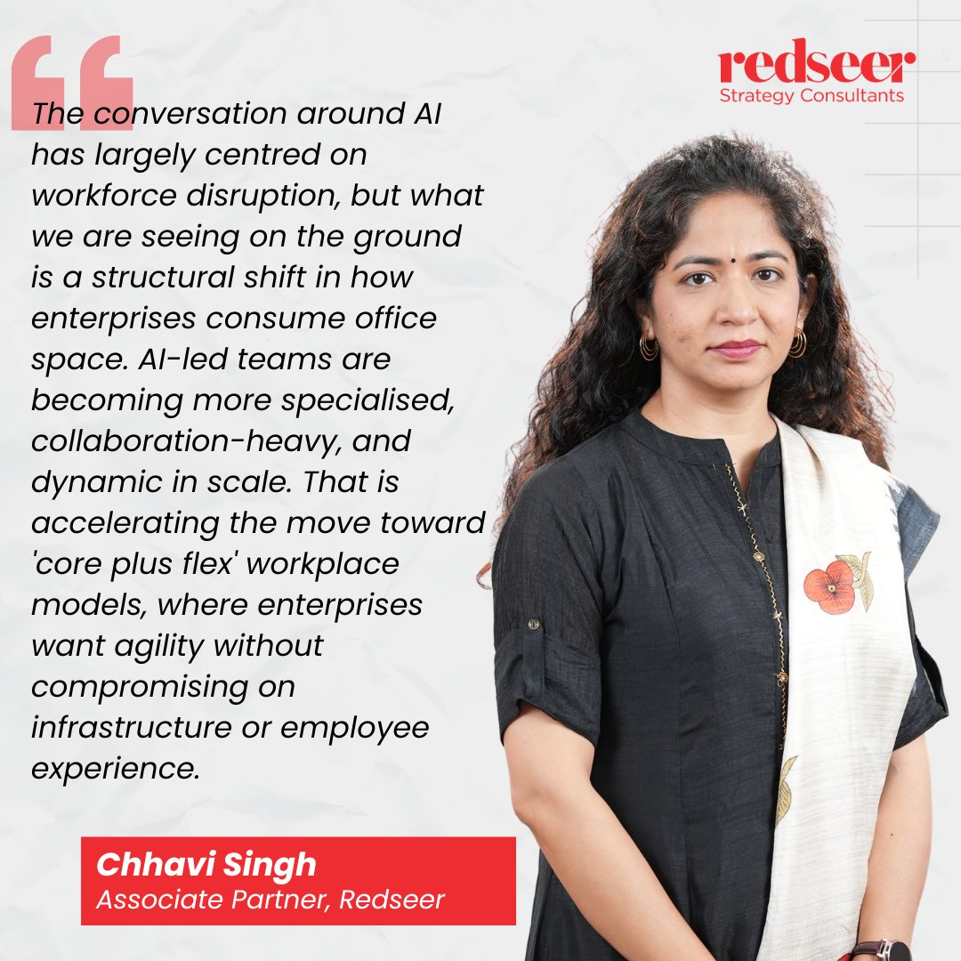 Redseer's tweet photo. AI is not just reshaping who companies hire. It is reshaping the space they hire them into.

Our Associate Partner Chhavi Singh spoke to ET HRWorld on how AI-led teams are pushing enterprises toward "core plus flex" workplace models.

Full report - https://t.co/nt2S62u0qM https://t.co/NKSzrL8Q6U