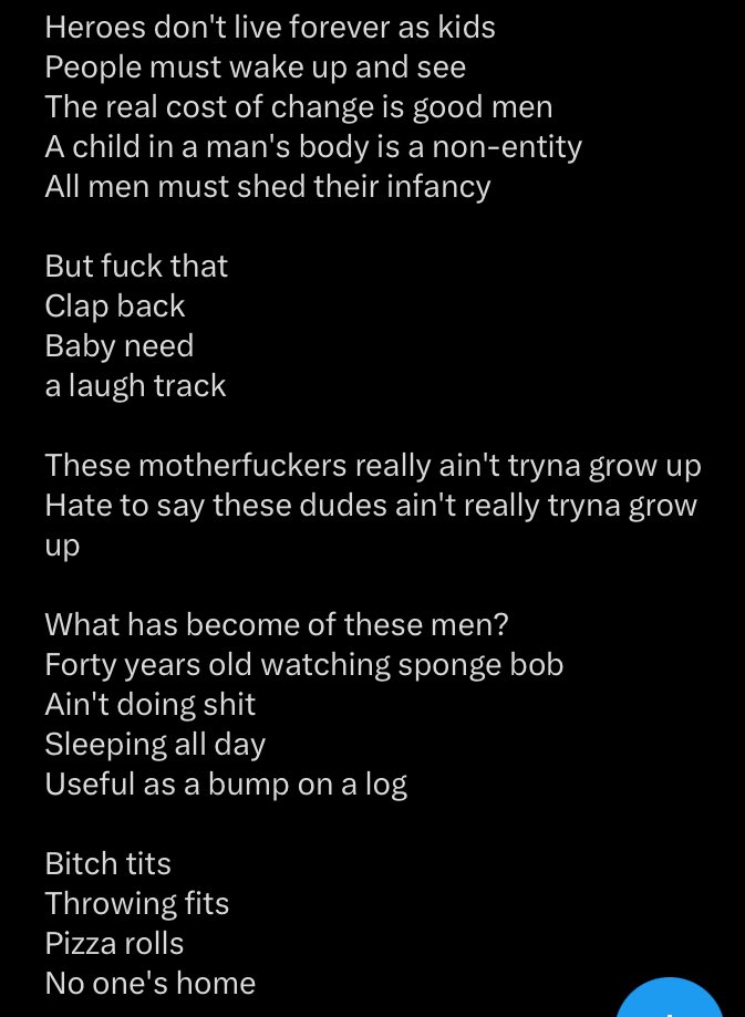 BaileyLSRQ's tweet photo. @TheHungerer @RealEmirHan I’m not one to drag another’s passions, but your poetry comes off as a hateful rant rather than insightful or prophetic. Scrap the entire thing and come at it again less judgmental and senselessly vulgar. https://t.co/94Z5bSAzbP