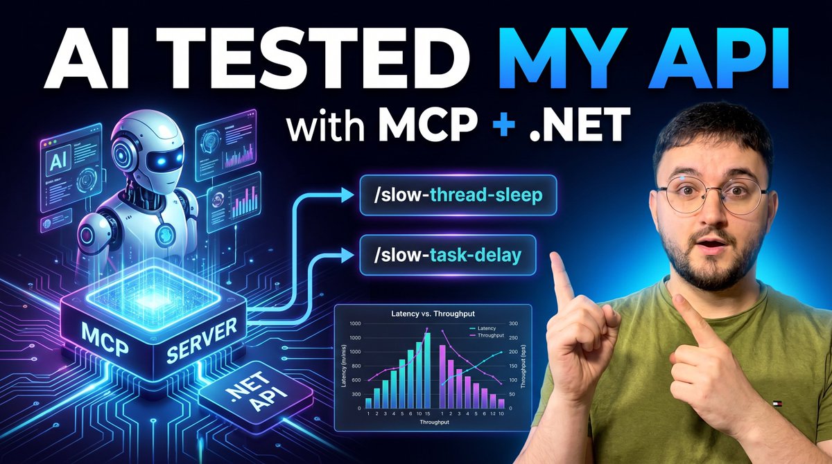TheCodeMan__'s tweet photo. A few days ago, I published an article about building an MCP server with .NET.

And the most common response I got was:
“Can you record a video version of this?”
So I did.

But I didn’t want to make another generic “AI chatbot talks to your app” demo.

I wanted to show something more practical:
How can an AI agent actually interact with a real .NET application and help us understand what is happening at runtime?

The demo is simple.

I have an ASP .NET Core API with two endpoints:
/slow-thread-sleep
/slow-task-delay

At first glance, they look almost identical.

Both wait.
Both return a response.
Both seem fine from the outside.

But under load, they behave very differently.

So I built an MCP server in #dotnet that exposes a few tools the AI agent can use:
→ run a load test
→ compare the endpoints
→ analyze the results
→ generate a performance report

And this is where MCP becomes much more interesting.
The AI is no longer just reading code and guessing.

It can call real tools, collect real runtime data, and explain the behavior based on actual measurements.

That’s the part I think many developers are missing when they look at MCP.
MCP is not only about giving AI more context.

It’s about giving AI controlled access to useful actions inside your system.

That could be:
→ performance testing
→ logs
→ metrics
→ database diagnostics
→ deployment checks
→ feature flags
→ internal workflows

Or anything else your team needs.
I recorded a short video where I explain the concept and show the full demo in action.

You can watch it here: https://t.co/DQSolIWsBl

📌 Join the Newsletter and get "AI in .NET" Starter Kit projects for free: https://t.co/3jy5D5zp2P

♻️ Repost to others.
📂 You can save this post for later, and you should do it.

➕ Follow me to learn .NET and Architecture every day.