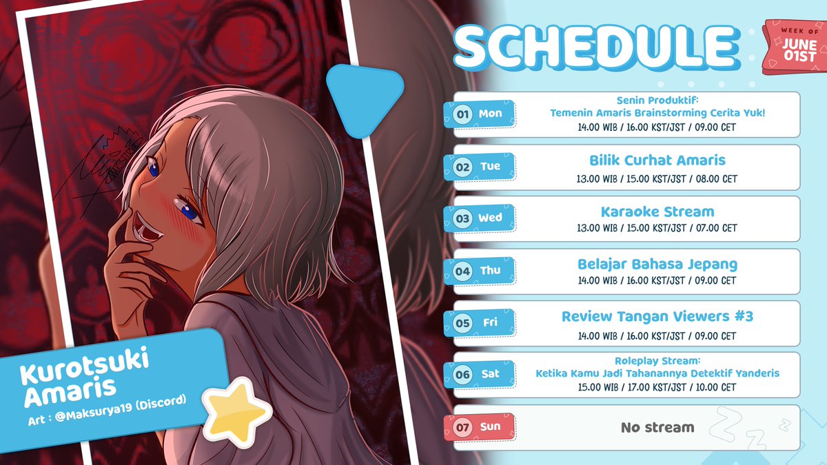 KuroAmaris's tweet photo. ✒️ SCHEDULE 01 - 07 JUNI! ✒️

Di schedule Amaris minggu ini, ada bilik curhat lagi lho! Terus gak lupa juga sama stream-stream seru lainnya~ ✨

✒️General: #KurotsukiAmaris
✒️Live: #AmariStream
✒️Fanart: #Artmaris
✒️Meme: #AmariSilly
✒️Clip: #Amarishots
✒️Fan name: Amarizzing https://t.co/l6CQxChWzk
