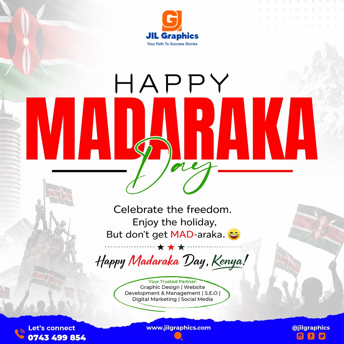 jilgraphics's tweet photo. Happy Madaraka Day!

Wishing you a safe, joyful, and memorable Madaraka Day.

#HappyMadarakaDay #Design #Website #JILGraphics https://t.co/Kj5Ydg8MRk