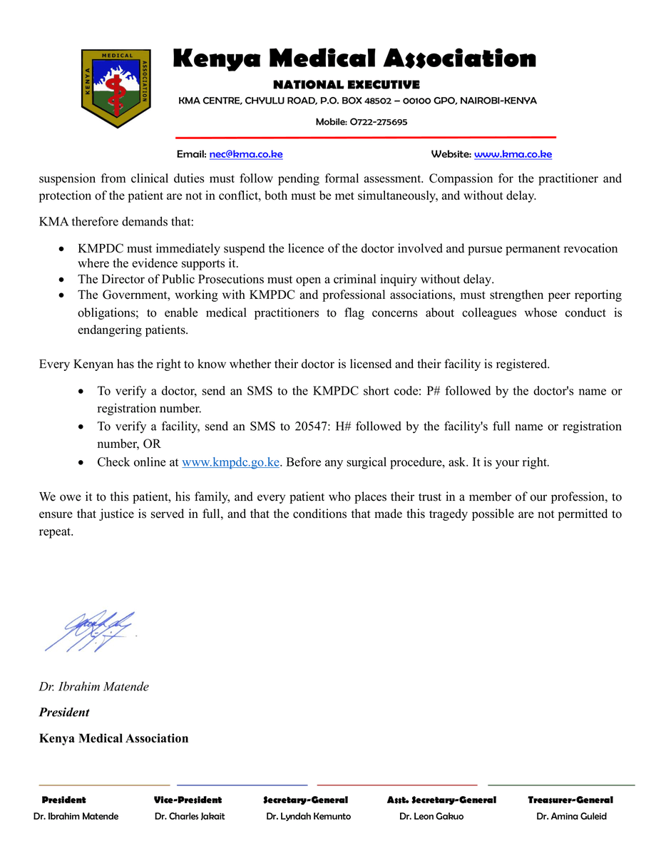 KenyaMedics_KMA's tweet photo. KMA STATEMENT ON PATIENT DEATH FOLLOWING AN UNLAWFUL SURGICAL PROCEDURE IN KITALE TOWN, TRANS NZOIA COUNTY
https://t.co/5B8clPMMyE https://t.co/zsWla3UT98