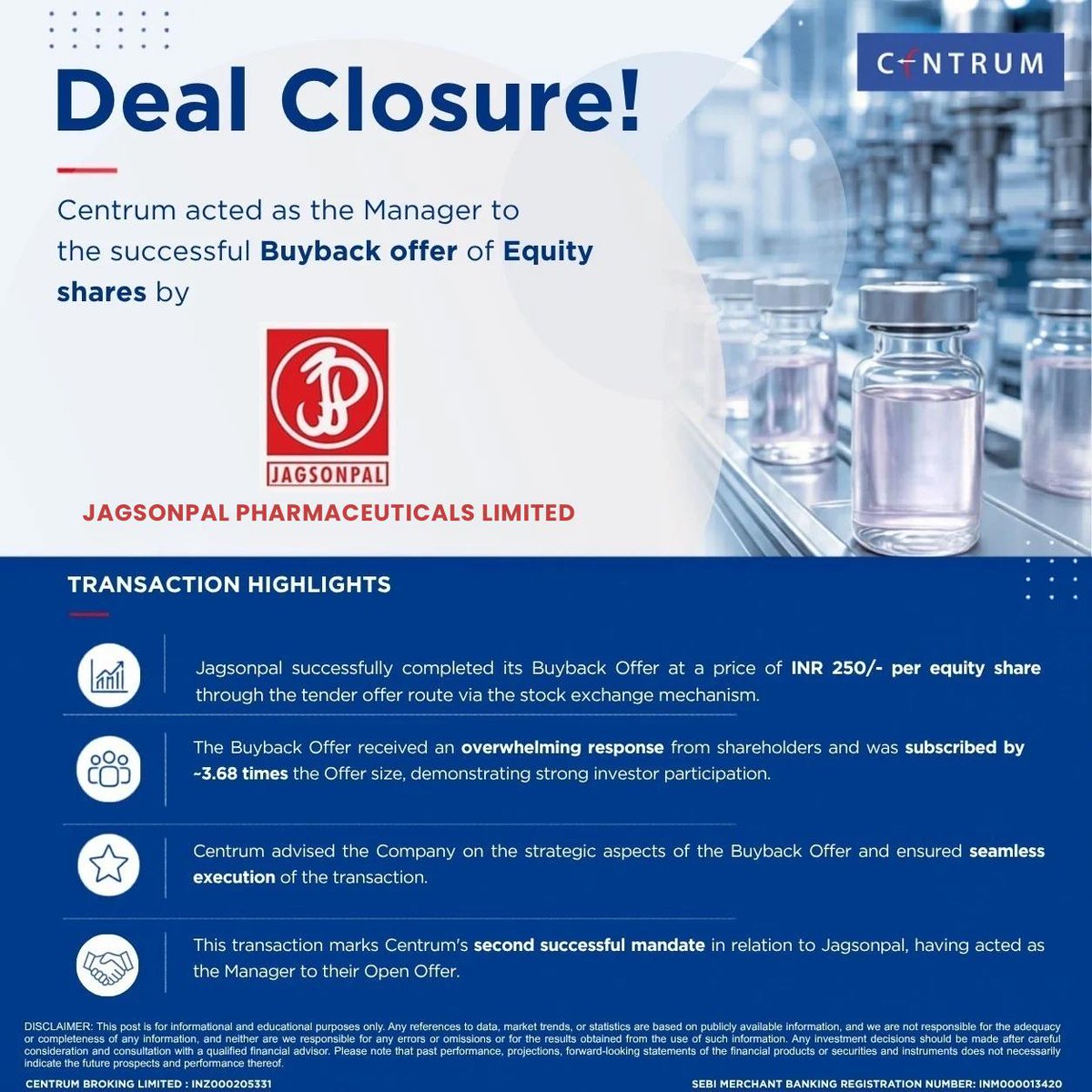 CentrumIndia's tweet photo. We are pleased to announce the successful closure of the Buyback Offer of equity shares by Jagsonpal Pharmaceuticals Ltd.
 
Centrum acted as the Manager to the Buyback Offer, delivering seamless execution and transaction support throughout the process. https://t.co/qeJJ5glL2r