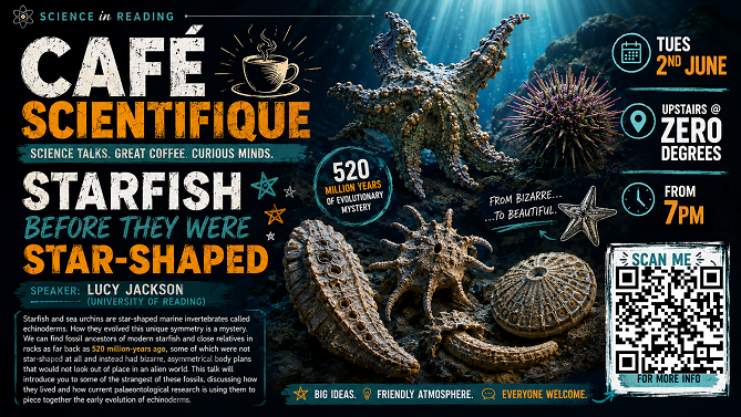 Science_Reading's tweet photo. Join us for Reading Café Scientifique June event (Tues 2nd June) upstairs at @ZerodegreesBeer (Reading) from 7pm. Come &amp; listen to Lucy Jackson talk about ‘Starfish before they were star-shaped’. Everyone welcome! More info: https://t.co/TSFbqJqXLg https://t.co/McrbpVssb9