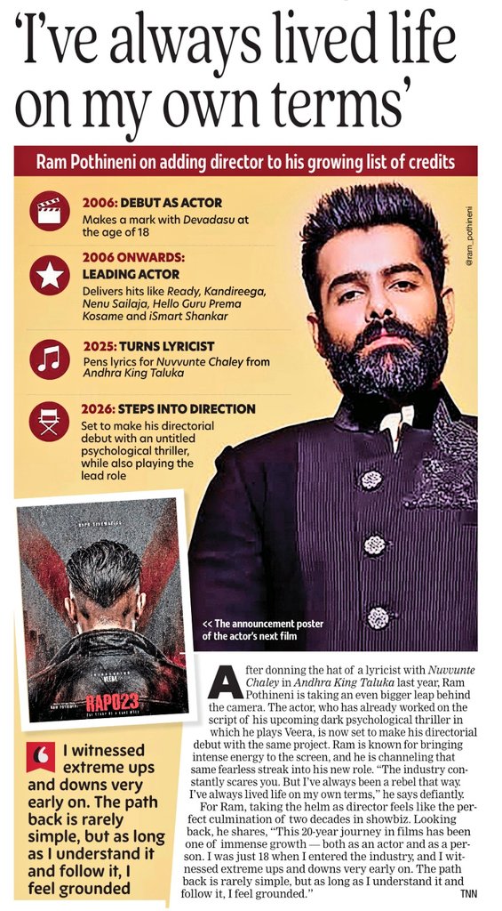 naveenkumarsayz's tweet photo. The industry constantly scares you..but I've always been a rebel that way..🤟🏻

I've always lived life on my own terms 👍🏻

- Energetic Star @ramsayz with @timesofindia.

#RAmPOthineni #RAPO #RAPO23 https://t.co/8c3ZPswWQl