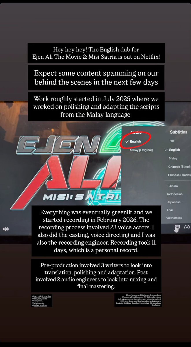 YanaArtsy's tweet photo. Ejen Ali the Movie 2 : MISI SATRIA English Dub is now out on Netflix 😮✨️
Also featuring the english cast and crew 👀
Source: @AzmanZulkiplyVA / @ azman_zulkiply IG story
#ejenali #EATM2 #EATM #voiceacting #englishdub #netflix https://t.co/oRiBP4dOGk